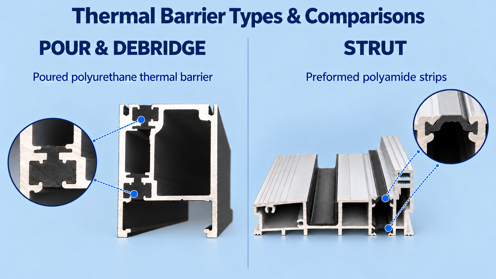 Pour-and-debridge and strut thermal barriers with enlarged connection details