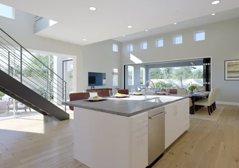 Kitchen windows meeting an open patio doorway at a corner.