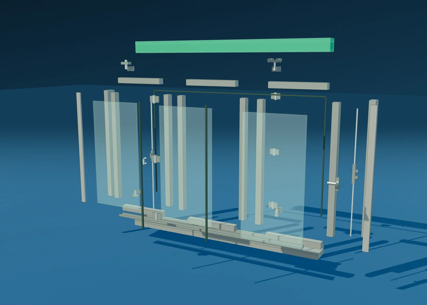 Exploded view of the Lanai Doors 3D model, with the frame, glass panels, tracks and hardware separated.