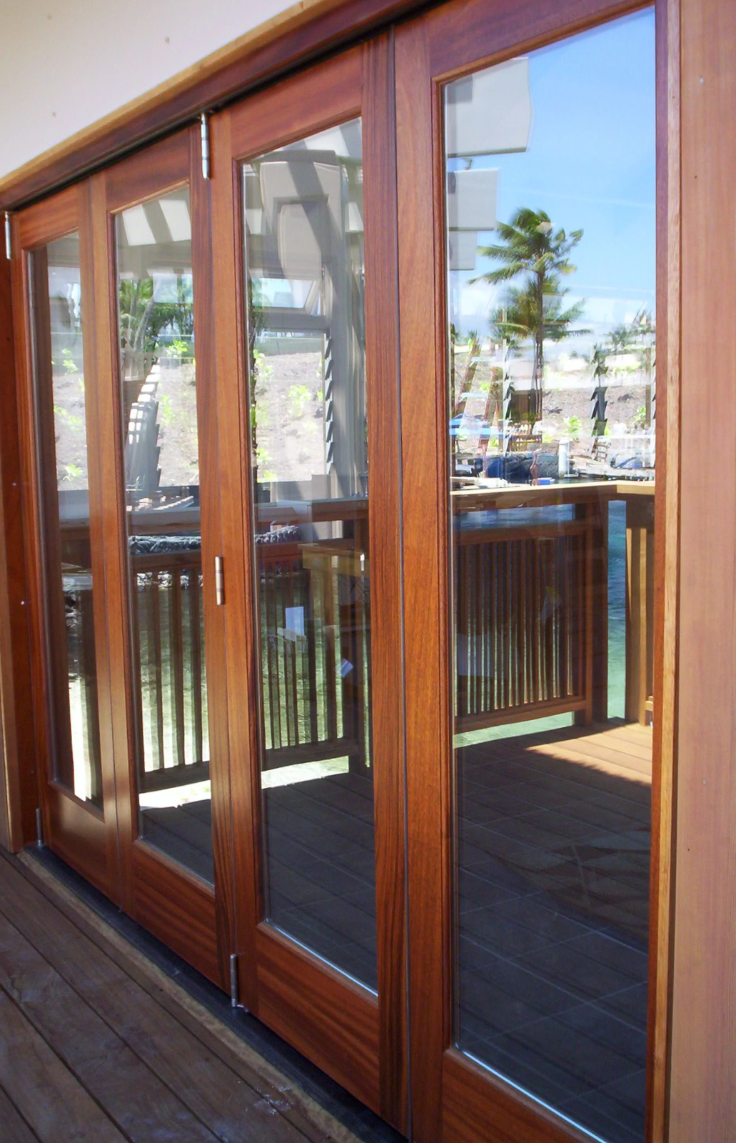 Resort installation of a folding wood door.